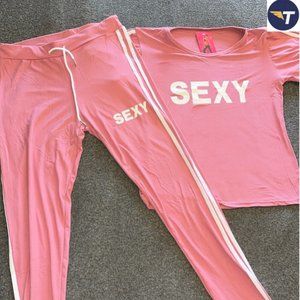 2PC Women Pink Jumpsuit Sexy T-shirt and Pants L/XL